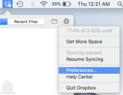 mac OS High Sierra, Dropbox icon on menu bar, gear icon menu open, click Preferences