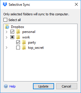 Dropbox Selective Sync dialog, select "personal" folder, select "party" in "work" folder, exclude "top_secret" in "work folder"