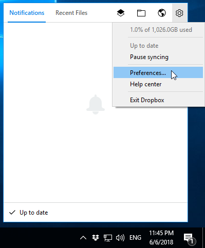 Windows 10, Dropbox icon in system tray, gear icon menu open, click Preferences